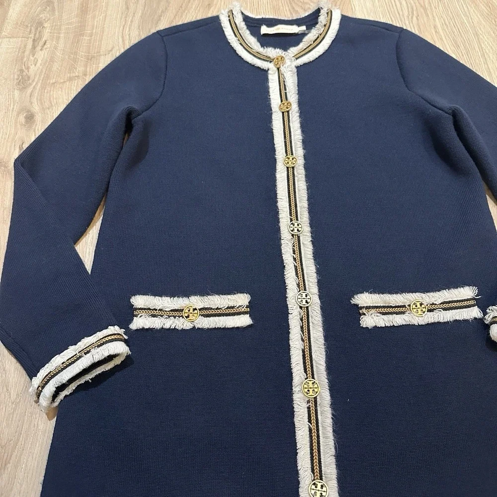 Tory Burch Wool Kendra Fringe Trimmed Sweater Coat Navy Sz M Heavy Weight Preppy